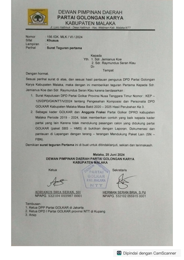 Foto:Surat Peringatan Pertama (SP I) kepada kedua anggota DPRD Malaka aktif fraksi partai Golkar.isth