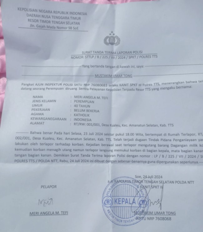 Surat Tanda Terima Laporan Polisi (STTLP).nomor : LP/B/225/VII/SPKT/POLRES TTS/POLDA NTT. isth